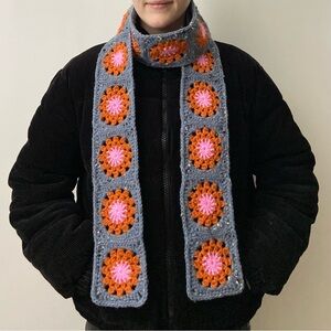 Brand New Handmade Crochet Granny Square Blue/Orange/Pink Scarf